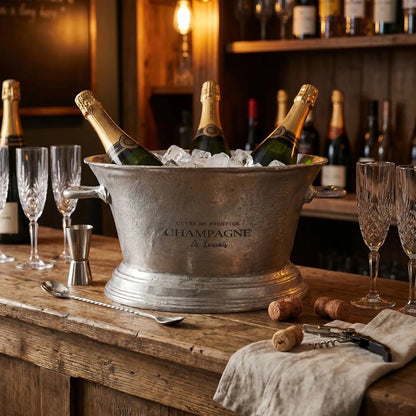 Large Antique Pewter Silver Champagne Cooler with Side Handles – Matt Metal Champagne & Wine Cooler Bucket for Ice, Prosecco, Beer & Party Drinks, Vintage Oval Drinks Tub Centrepiece for Dining Table, Home Bar, Dining Room, Kitchen or Drinks Trolley 23x48x35cm | Click Style