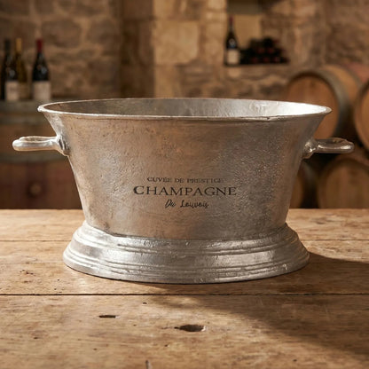 Large Antique Pewter Silver Champagne Cooler with Side Handles – Matt Metal Champagne & Wine Cooler Bucket for Ice, Prosecco, Beer & Party Drinks, Vintage Oval Drinks Tub Centrepiece for Dining Table, Home Bar, Dining Room, Kitchen or Drinks Trolley 23x48x35cm | Click Style