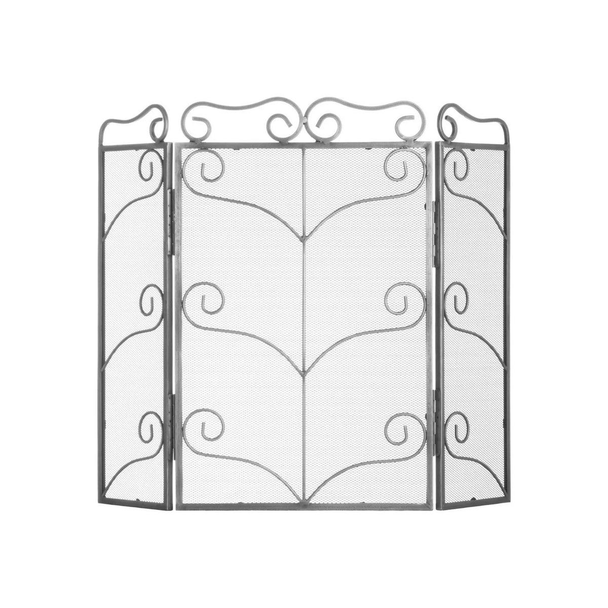 Large Antique Silver 3 Panel Folding Firescreen with Ornate Scrollwork – Steel Fireplace Fire Guard 75x85x2cm showing full three-panel mesh design | Click Style