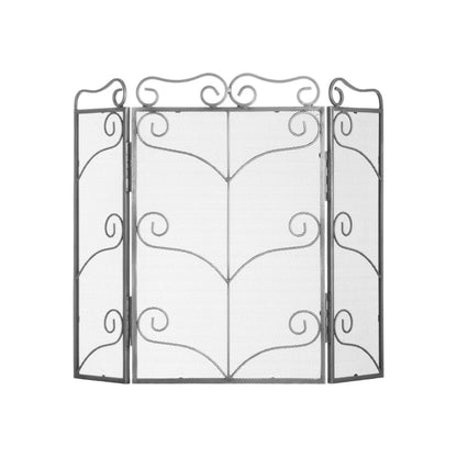 Large Antique Silver 3 Panel Folding Firescreen with Ornate Scrollwork – Steel Fireplace Fire Guard 75x85x2cm showing full three-panel mesh design | Click Style