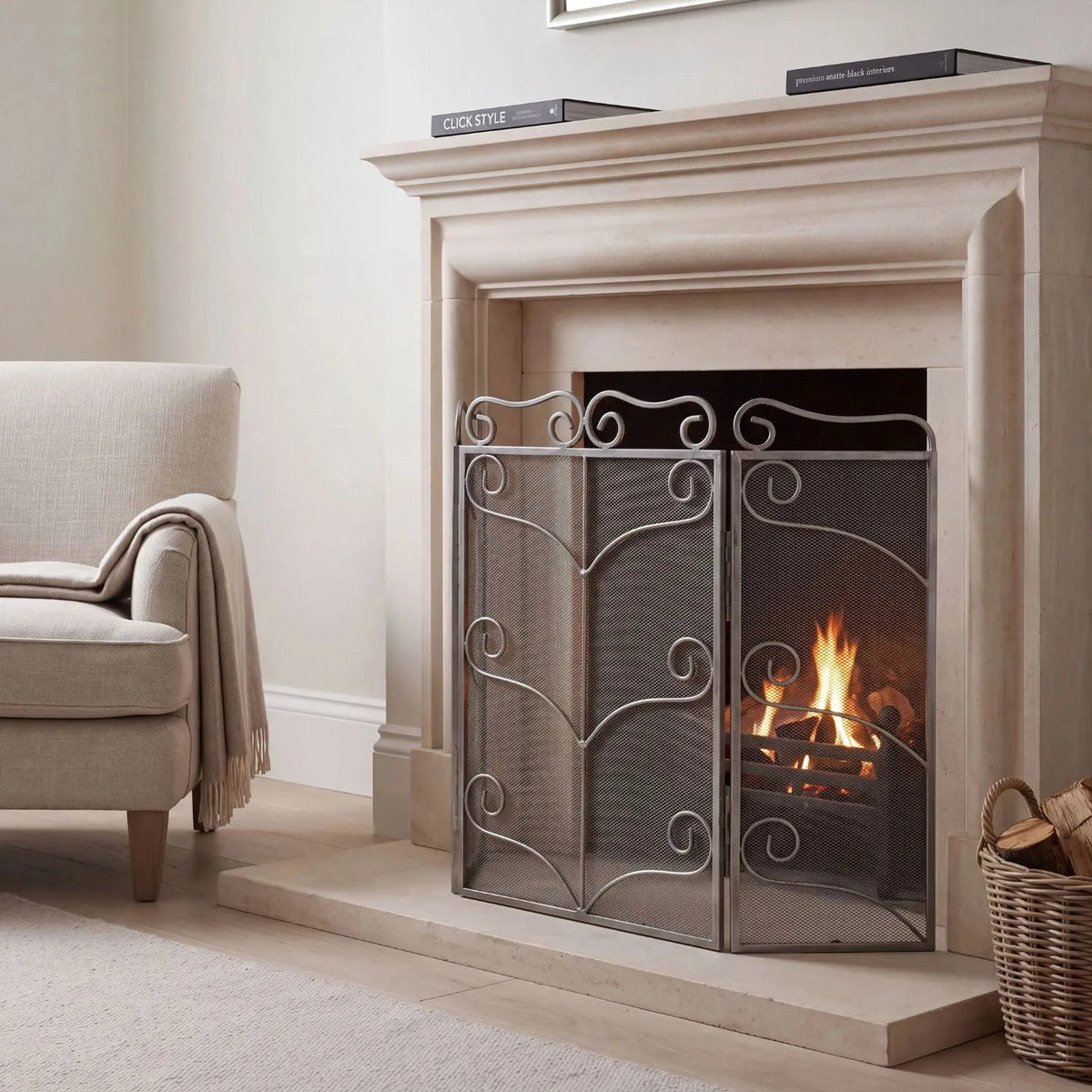 Large Antique Silver 3 Panel Folding Firescreen with Ornate Scrollwork – Steel Fireplace Fire Guard 75x85x2cm angled view showing three-panel hinged design | Click Style