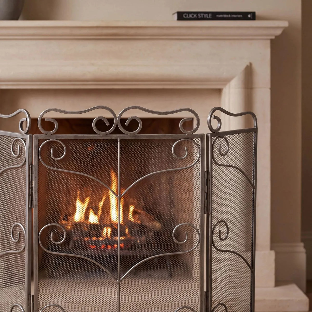 Large Antique Silver 3 Panel Folding Firescreen with Ornate Scrollwork – Steel Fireplace Fire Guard 75x85x2cm close-up showing antique silver scrollwork and fine mesh | Click Style