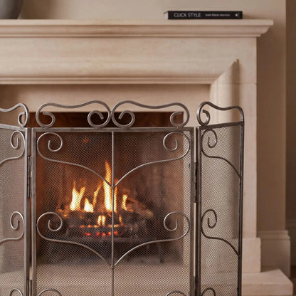 Large Antique Silver 3 Panel Folding Firescreen with Ornate Scrollwork – Steel Fireplace Fire Guard 75x85x2cm close-up showing antique silver scrollwork and fine mesh | Click Style
