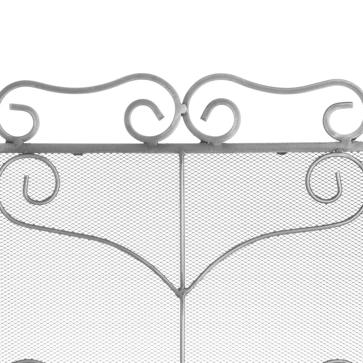 Large Antique Silver 3 Panel Folding Firescreen with Ornate Scrollwork – Steel Fireplace Fire Guard 75x85x2cm close-up showing antique silver scrollwork and fine mesh | Click Style