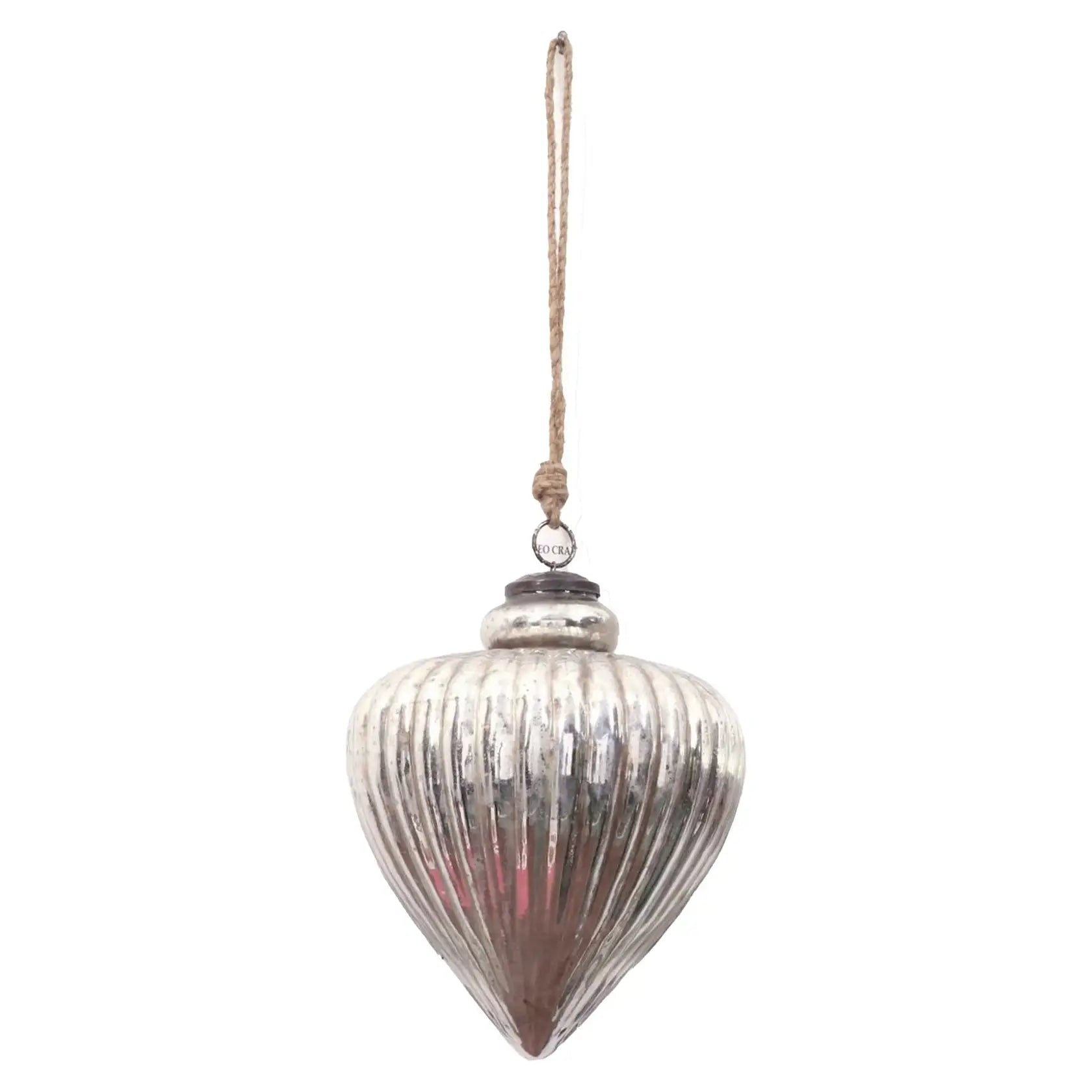 Large Antique Silver Fluted Teardrop Hanging Glass Bauble 17cm Christmas Bauble - Click Style