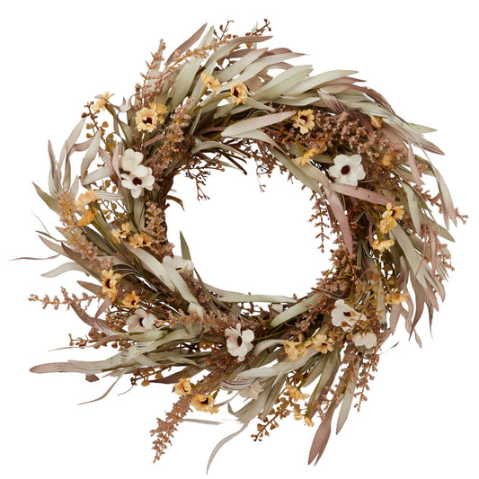 Large Artificial Rustic Grass & Flower Wreath 55x55cm Autumn Decor - Click Style