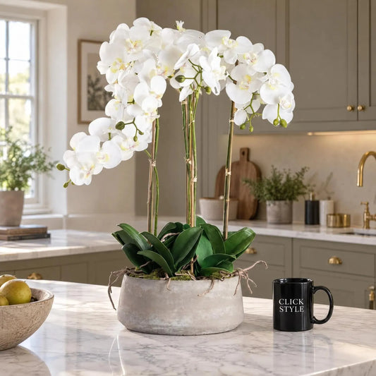 Large Artificial White Orchid with Cascading White Blooms in Grey Stone Effect Pot on a White Marble Kitchen Island with Black CLICK STYLE Mug | Click Style