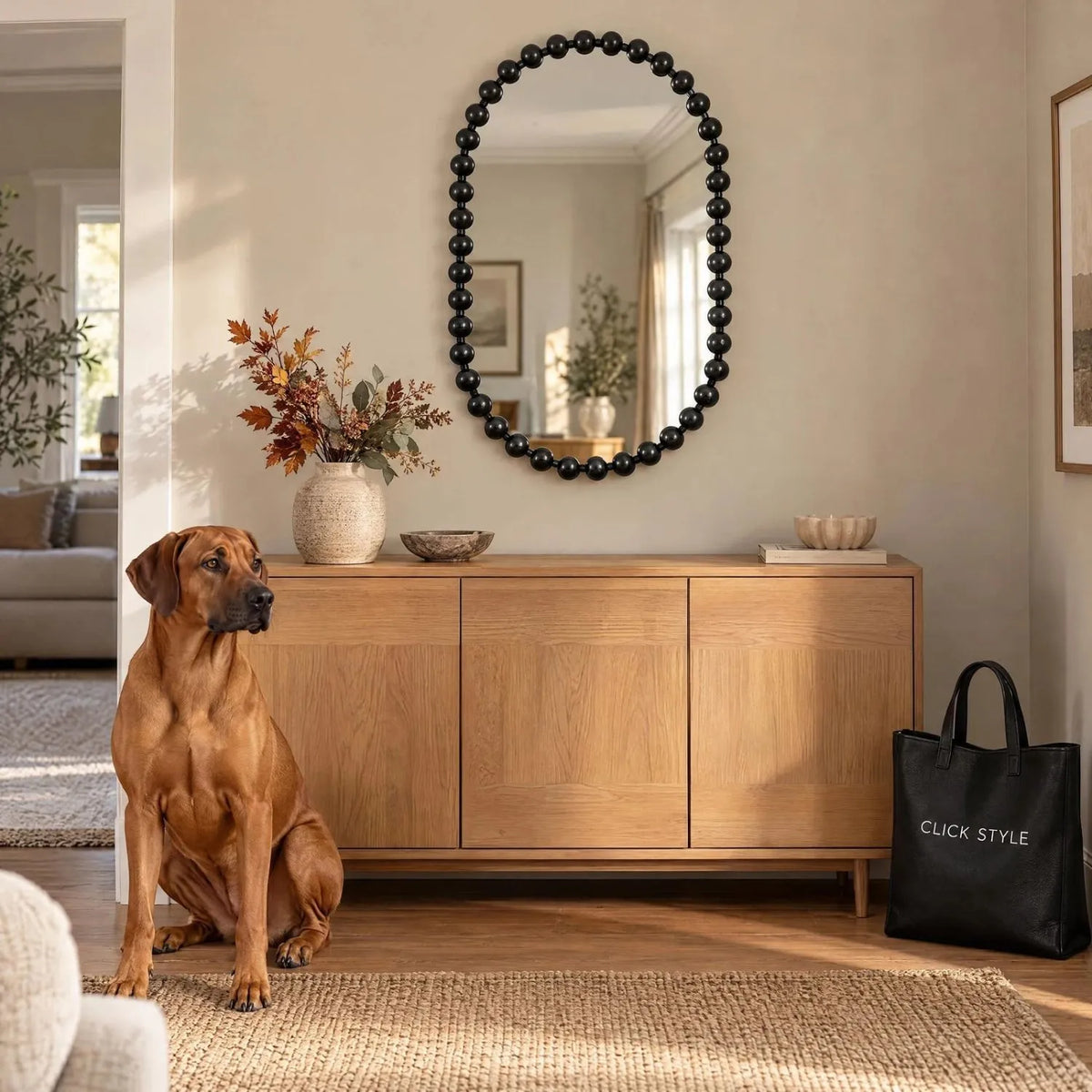 Large Black Bobbin Wall Mirror with Raised Bobbin Frame – Oval Racetrack Pill Shaped Decorative Mirror 90x60x5cm – Living Room Styling with Rhodesian Ridgeback & Click Style Tote | Click Style