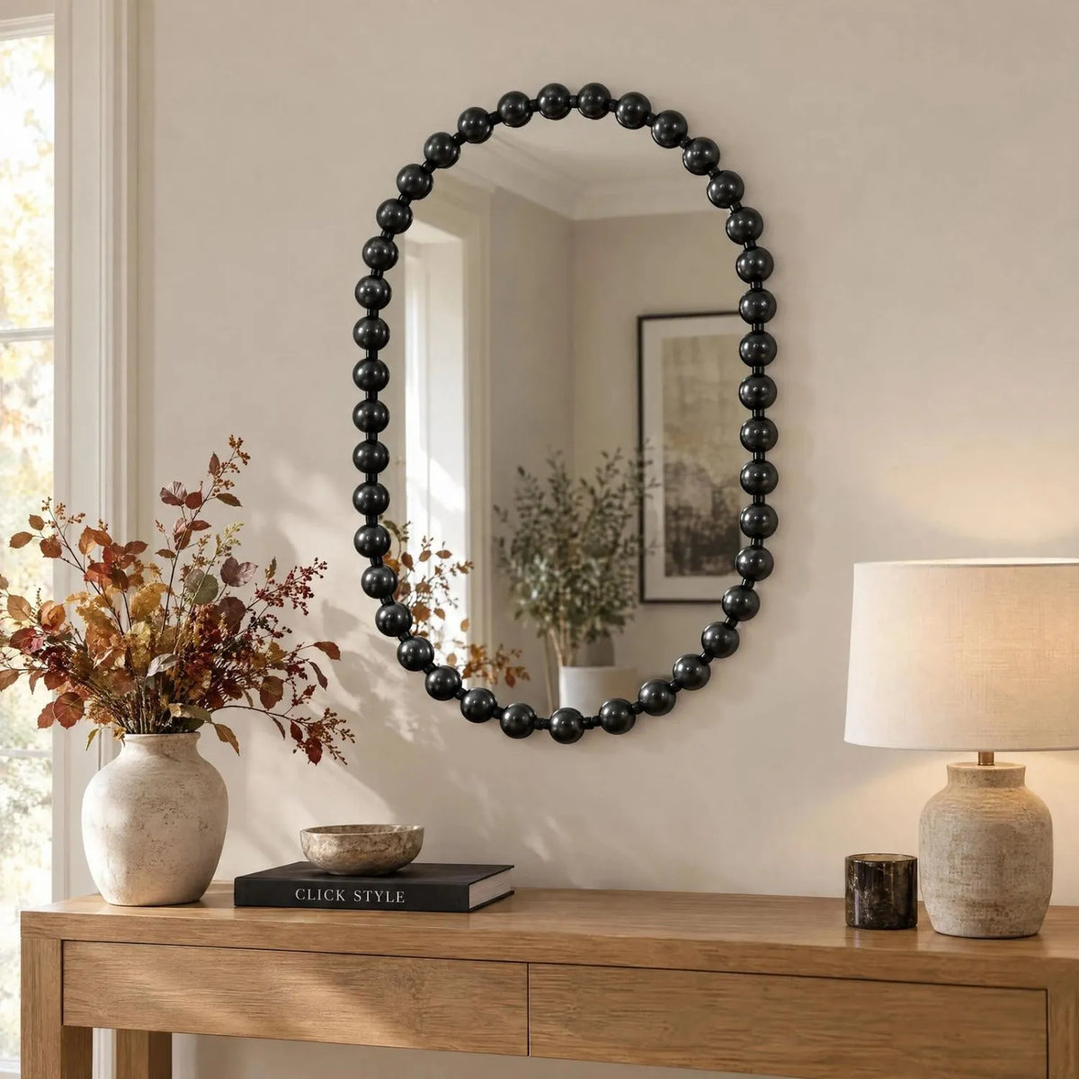 Large Black Bobbin Wall Mirror with Raised Bobbin Frame – Oval Racetrack Pill Shaped Decorative Mirror 90x60x5cm – Styled Above Natural Oak Console Table | Click Style