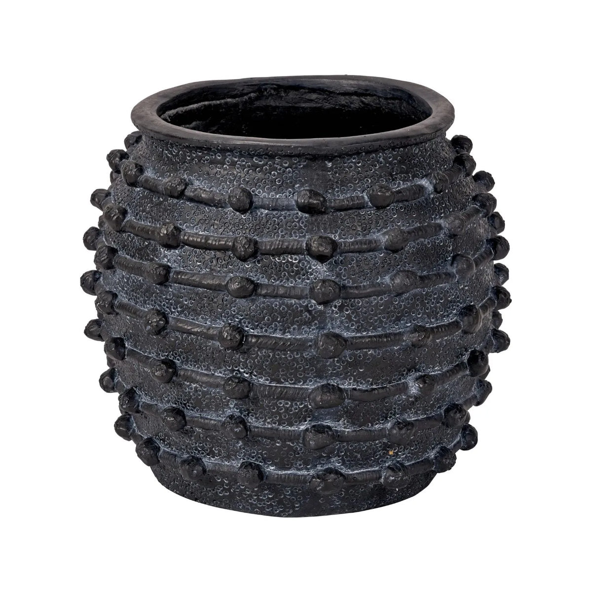 Large Black Bobbled Fibrestone Planter with Rolled Rim & Raised Textured Detail – Decorative Indoor Plant Pot 39x42x42cm – Raised Bobble Detail & Wide Opening | Click Style