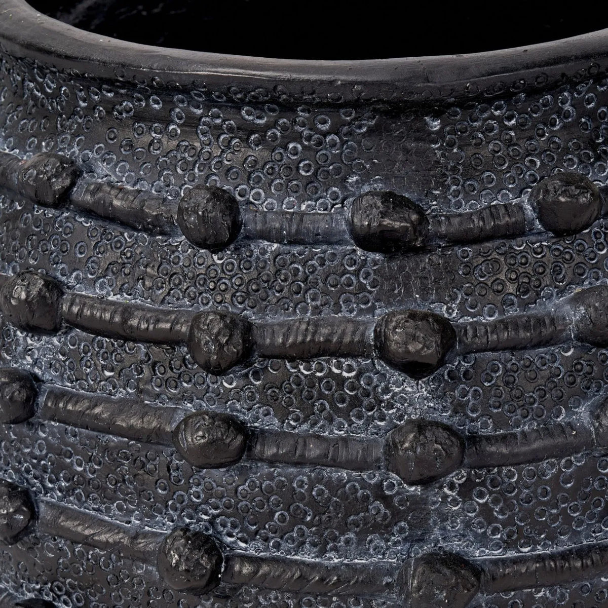 Large Black Bobbled Fibrestone Planter with Rolled Rim & Raised Textured Detail – Decorative Indoor Plant Pot 39x42x42cm – Close-Up of Circular Surface Texture & Bobbled Bands | Click Style