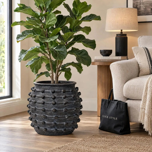 Large Black Bobbled Fibrestone Planter with Rolled Rim & Raised Textured Detail – Decorative Indoor Plant Pot 39x42x42cm – Styled with Artificial Fiddle-Leaf Fig Beside Cream Armchair | Click Style