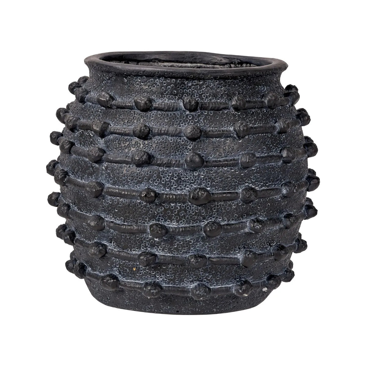 Large Black Bobbled Fibrestone Planter with Rolled Rim & Raised Textured Detail – Decorative Indoor Plant Pot 39x42x42cm – Front View | Click Style