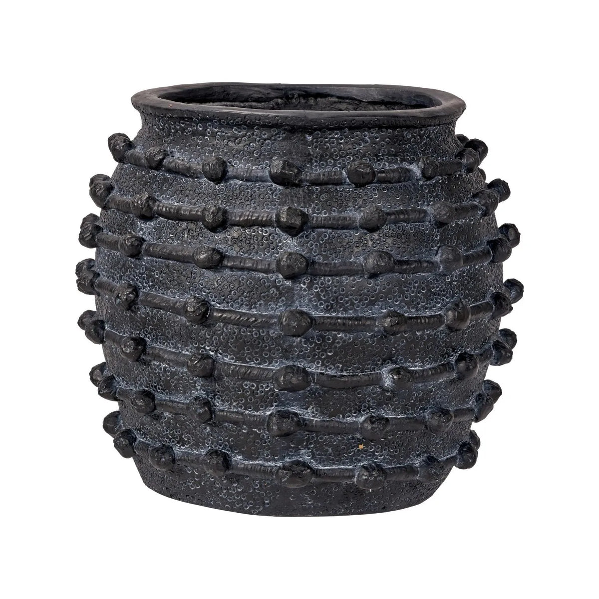Large Black Bobbled Fibrestone Planter with Rolled Rim & Raised Textured Detail – Decorative Indoor Plant Pot 39x42x42cm – Angled Front View | Click Style