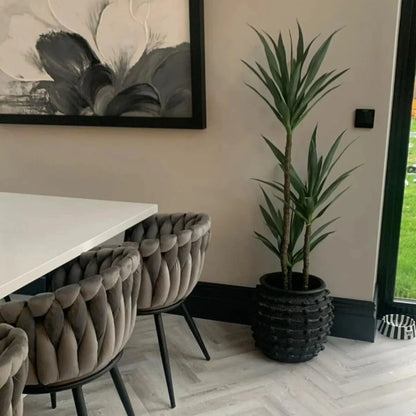 Large Black Bobbled Fibrestone Planter with Rolled Rim & Raised Textured Detail – Decorative Indoor Plant Pot 39x42x42cm – Customer Image Styled with Tall Green Plant in Dining Room | Click Style