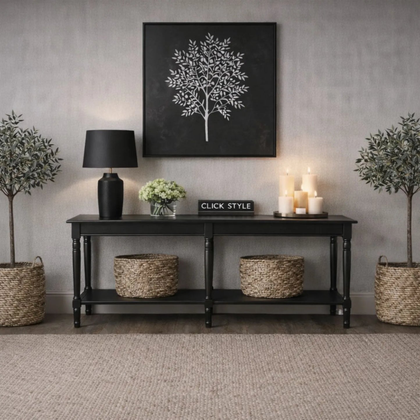 Large Black Wooden Console Table with Shelf – Long 160cm Pine Hallway Console Table with Turned Legs & Lower Storage 80x160x40cm | Click Style
