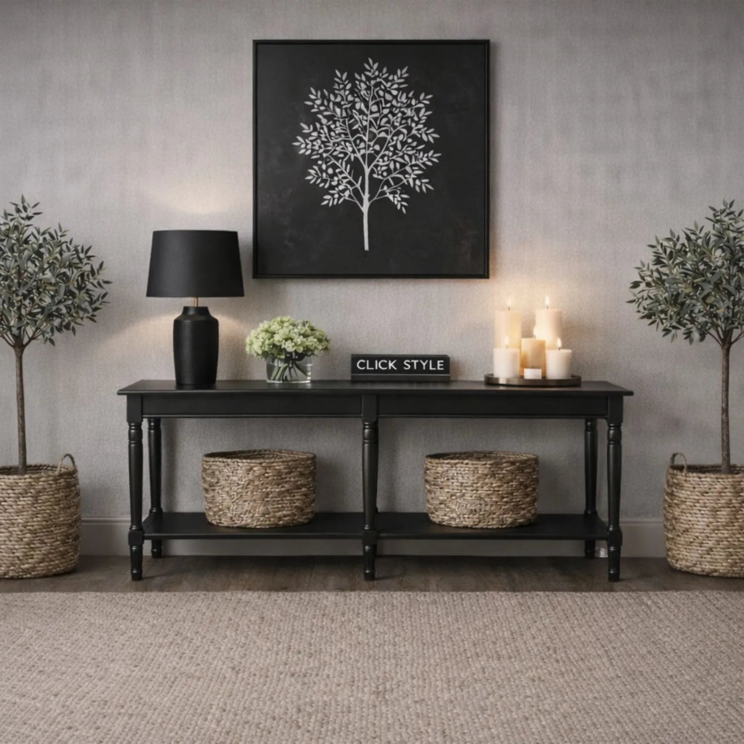 Large Black Wooden Console Table with Shelf – Long 160cm Pine Hallway Console Table with Turned Legs & Lower Storage 80x160x40cm | Click Style
