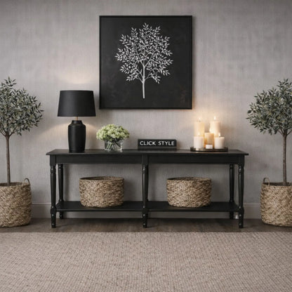 Large Black Wooden Console Table with Shelf – Long 160cm Pine Hallway Console Table with Turned Legs & Lower Storage 80x160x40cm | Click Style