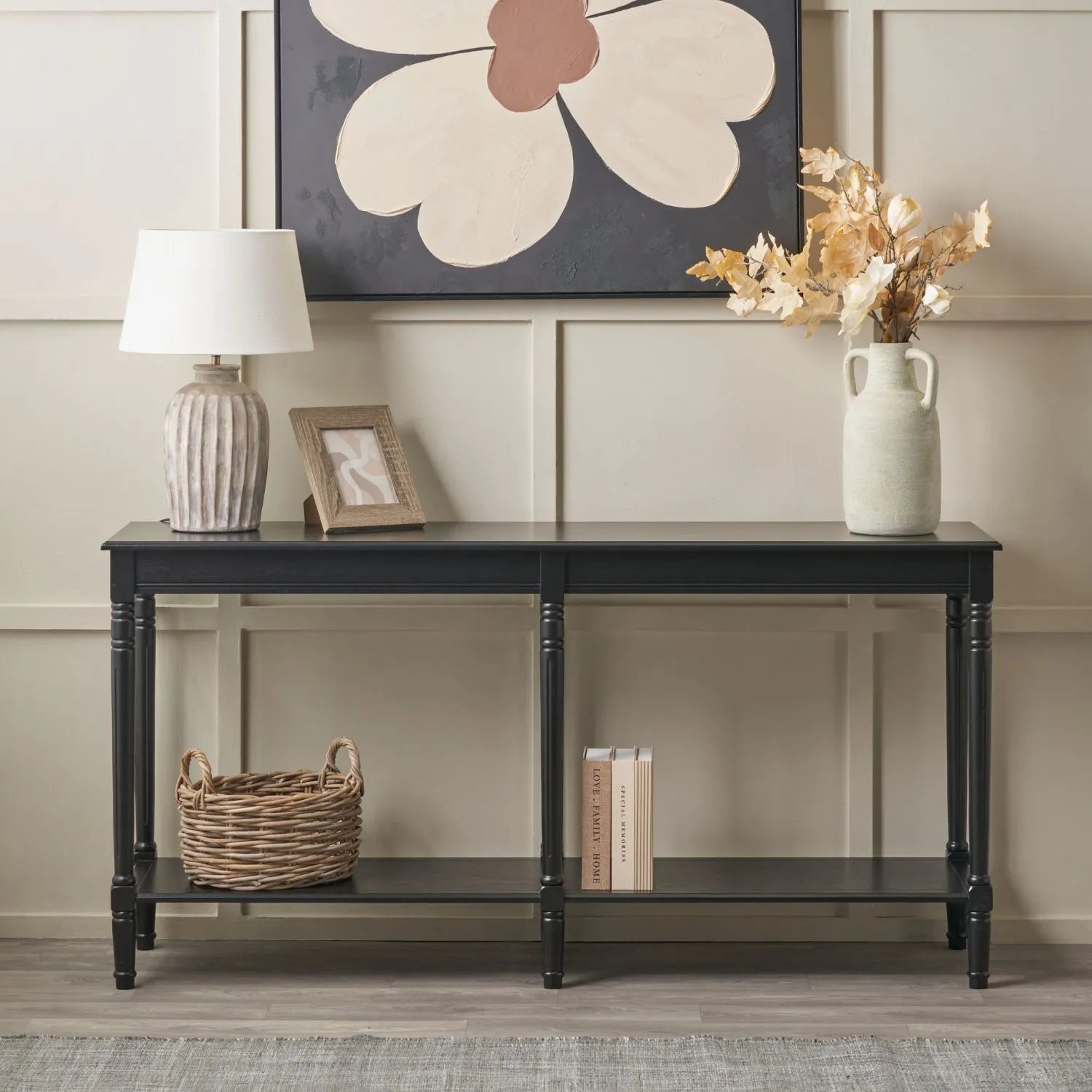 Large Black Wooden Console Table with Shelf – Long 160cm Pine Hallway Console Table with Turned Legs & Lower Storage 80x160x40cm | Click Style