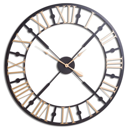 Large Black & Gold Round Metal Skeleton Wall Clock with Roman Numerals & Gold Hands 95x95x4cm - Click Style