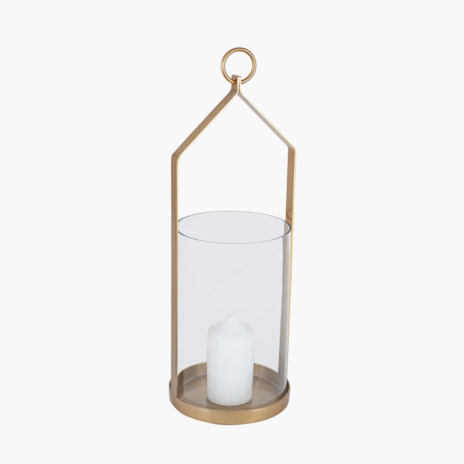 Large Brass Hurricane Lantern with Clear Glass Cylinder & Ring Handle – Decorative Metal Candle Holder 55.5x21x21cm - Click Style