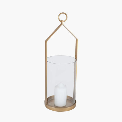 Large Brass Hurricane Lantern with Clear Glass Cylinder & Ring Handle – Decorative Metal Candle Holder 55.5x21x21cm - Click Style