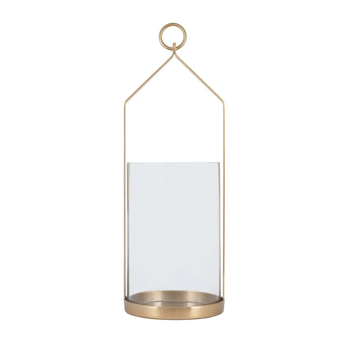 Large Brass Hurricane Lantern with Clear Glass Cylinder & Ring Handle – Decorative Metal Candle Holder 55.5x21x21cm - Click Style