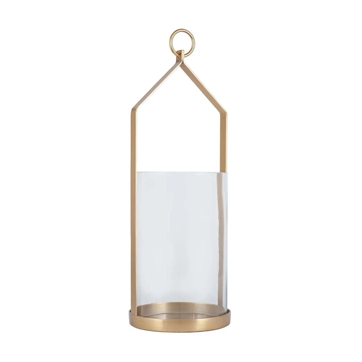 Large Brass Hurricane Lantern with Clear Glass Cylinder & Ring Handle – Decorative Metal Candle Holder 55.5x21x21cm - Click Style