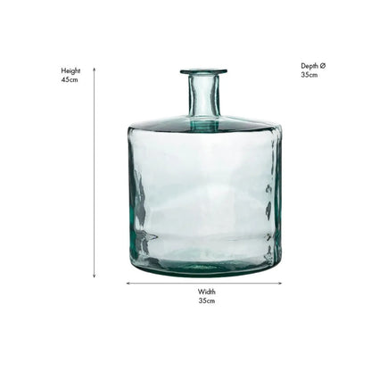 Large Clear Recycled Glass Bottle Vase with Narrow Neck – Wide Decorative Floor Vase 45x35x35cm – Dimensions Showing 45cm Height & 35cm Width and Depth | Click Style
