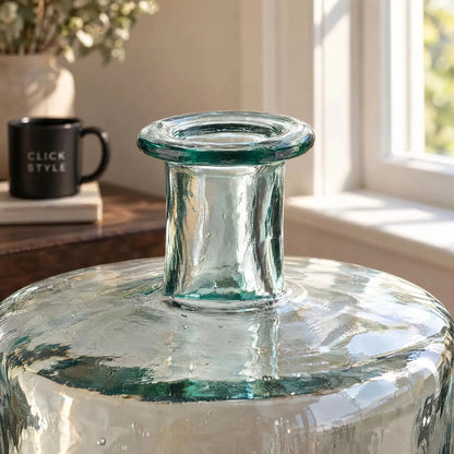 Large Clear Recycled Glass Bottle Vase with Narrow Neck – Wide Decorative Floor Vase 45x35x35cm – Close-Up of Narrow Neck Thick Rolled Rim & Recycled Glass Detail | Click Style