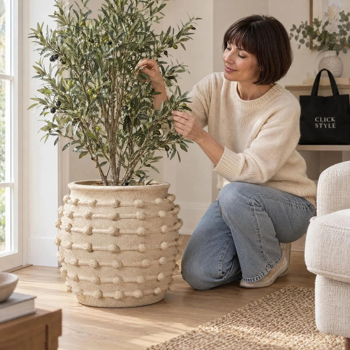 Large Cream Bobbled Fibrestone Planter with Rolled Rim & Raised Textured Detail – Decorative Indoor Plant Pot 39x42x42cm – Woman Styling Artificial Olive Tree | Click Style