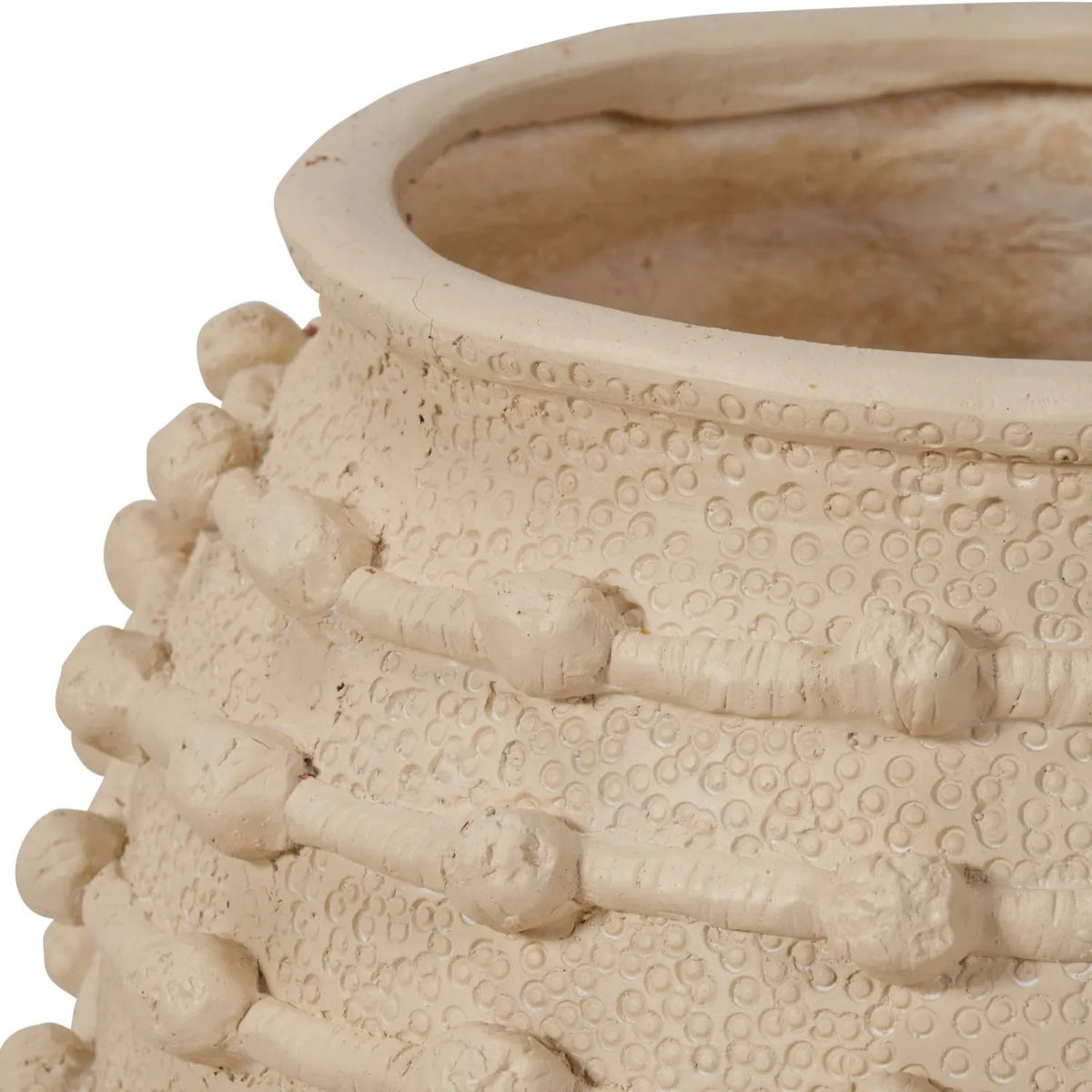 Large Cream Bobbled Fibrestone Planter with Rolled Rim & Raised Textured Detail – Decorative Indoor Plant Pot 39x42x42cm close-up of rolled rim opening and raised bobble detailing | Click Style