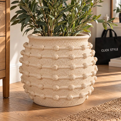 Large Cream Bobbled Fibrestone Planter with Rolled Rim & Raised Textured Detail – Decorative Indoor Plant Pot 39x42x42cm – Close-Up Textured Fibrestone Detail with Artificial Greenery | Click Style