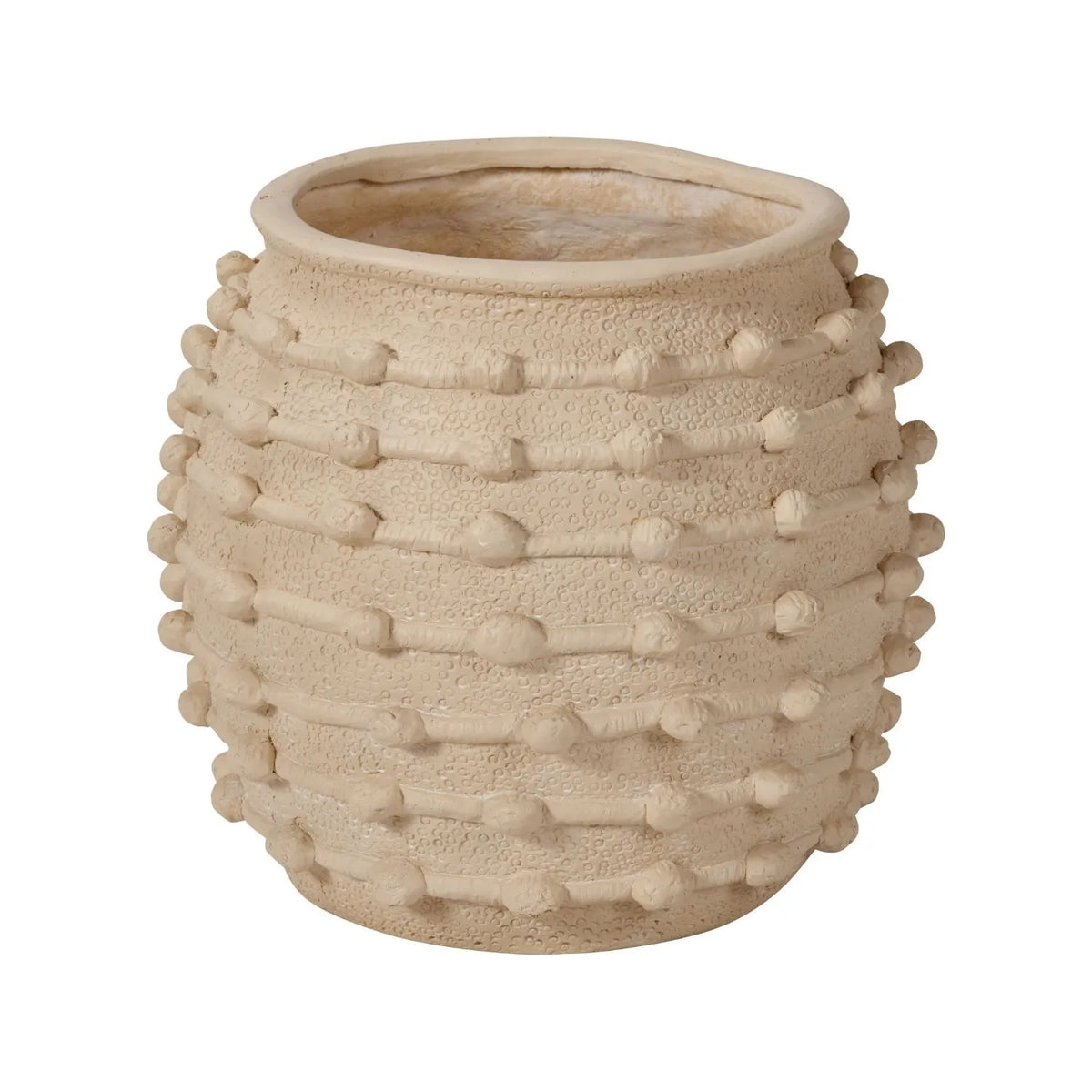 Large Cream Bobbled Fibrestone Planter with Rolled Rim & Raised Textured Detail – Decorative Indoor Plant Pot 39x42x42cm angled view showing rolled rim and rounded shape | Click Style