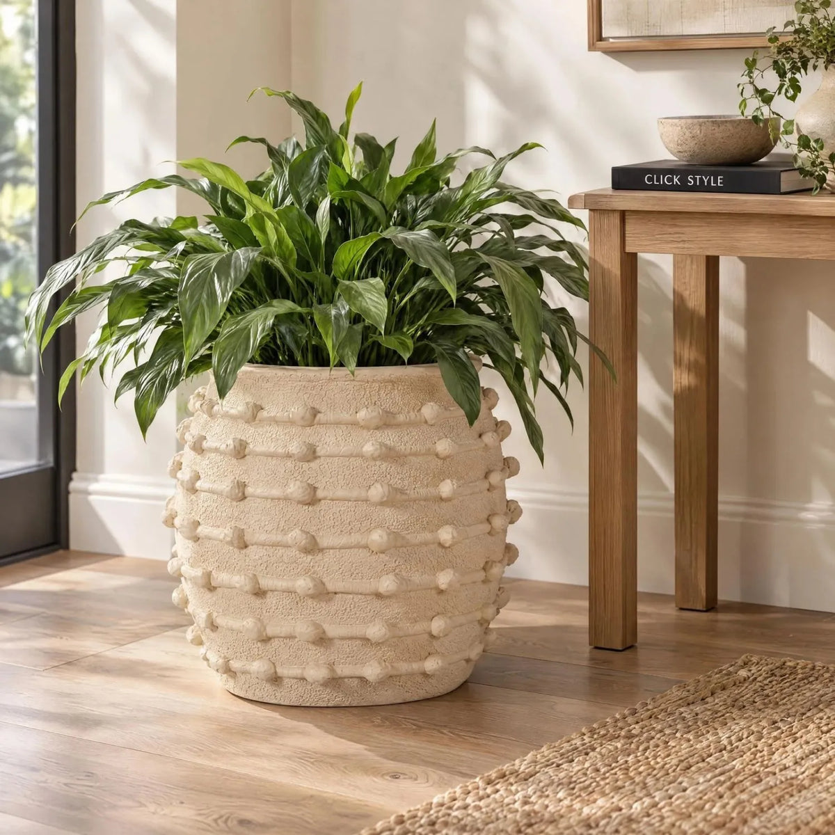 Large Cream Bobbled Fibrestone Planter with Rolled Rim & Raised Textured Detail – Decorative Indoor Plant Pot 39x42x42cm – Styled with Full Artificial Green Plant | Click Style