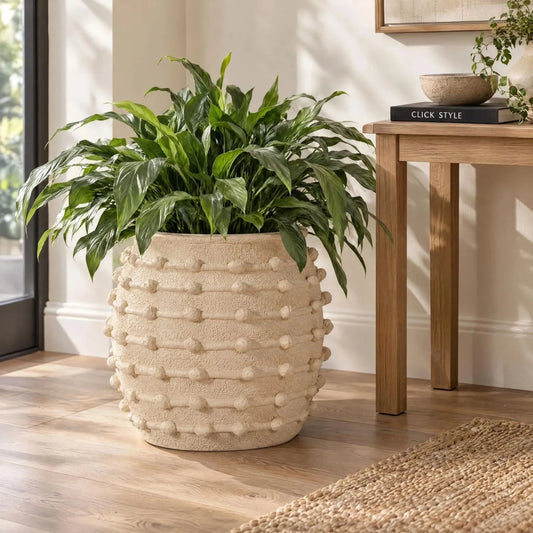 Large Cream Bobbled Fibrestone Planter with Rolled Rim & Raised Textured Detail – Decorative Indoor Plant Pot 39x42x42cm – Styled with Full Artificial Green Plant | Click Style
