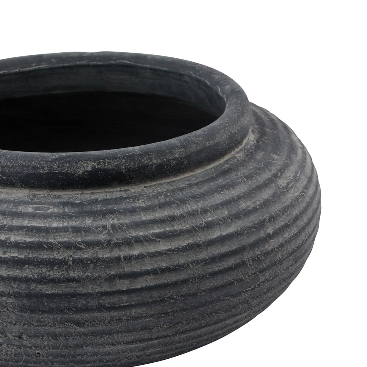 Textured Ribbed Ceramic Pot Large Dark Grey Ribbed Stone-Effect Bowl Planter with Textured Finish ...