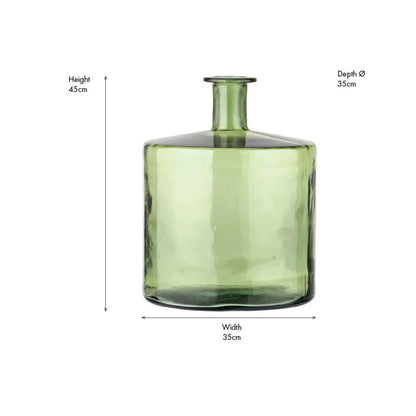 Large Forest Green Recycled Glass Bottle Vase with Narrow Neck – Wide Decorative Floor Vase 45x35x35cm – Dimensions Showing 45cm Height & 35cm Width and Depth | Click Style