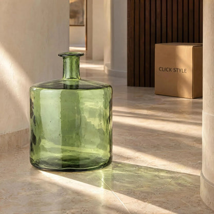 Large Forest Green Recycled Glass Bottle Vase with Narrow Neck – Wide Decorative Floor Vase 45x35x35cm – Displayed Empty in a Sunlit Interior Showing Transparent Green Recycled Glass | Click Style