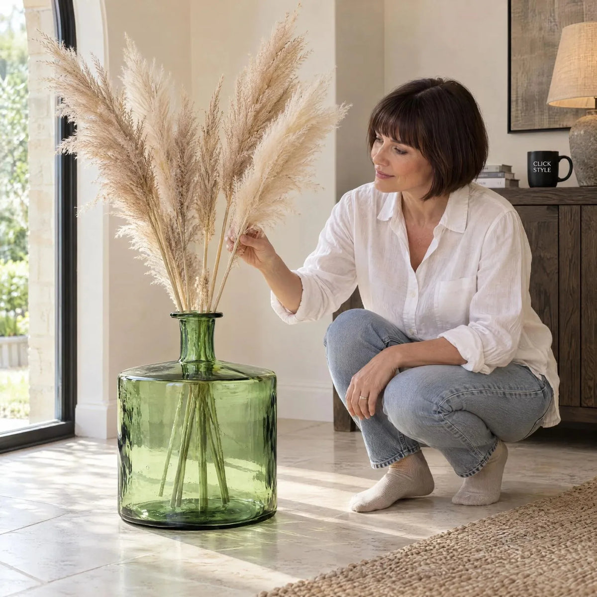 Large Forest Green Recycled Glass Bottle Vase with Narrow Neck – Wide Decorative Floor Vase 45x35x35cm – Woman Styling Neutral Pampas Grass in a Contemporary Interior | Click Style