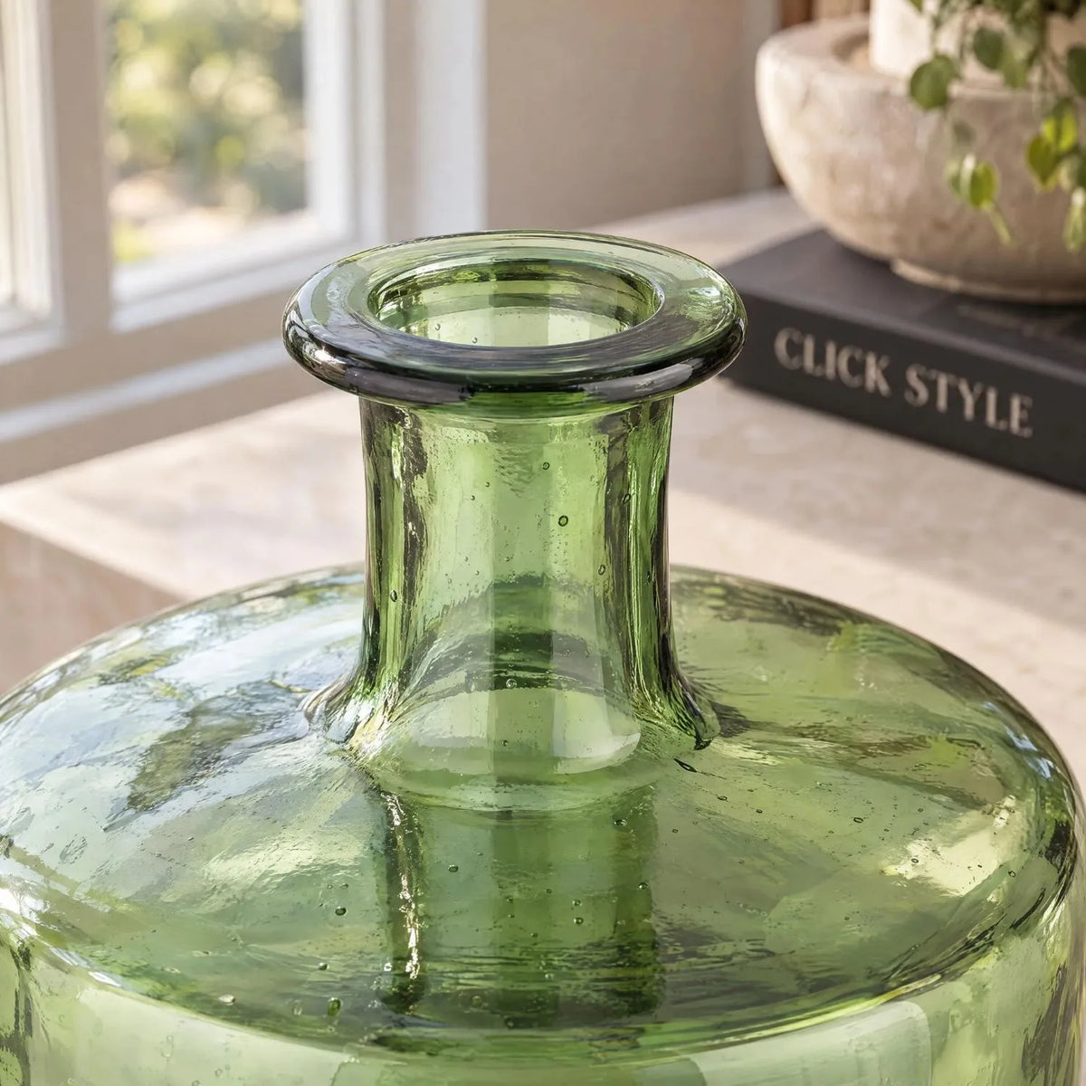 Large Forest Green Recycled Glass Bottle Vase with Narrow Neck – Wide Decorative Floor Vase 45x35x35cm – Lifestyle Close-Up Showing Thick Rolled Rim Recycled Glass Bubbles & Green Detail | Click Style