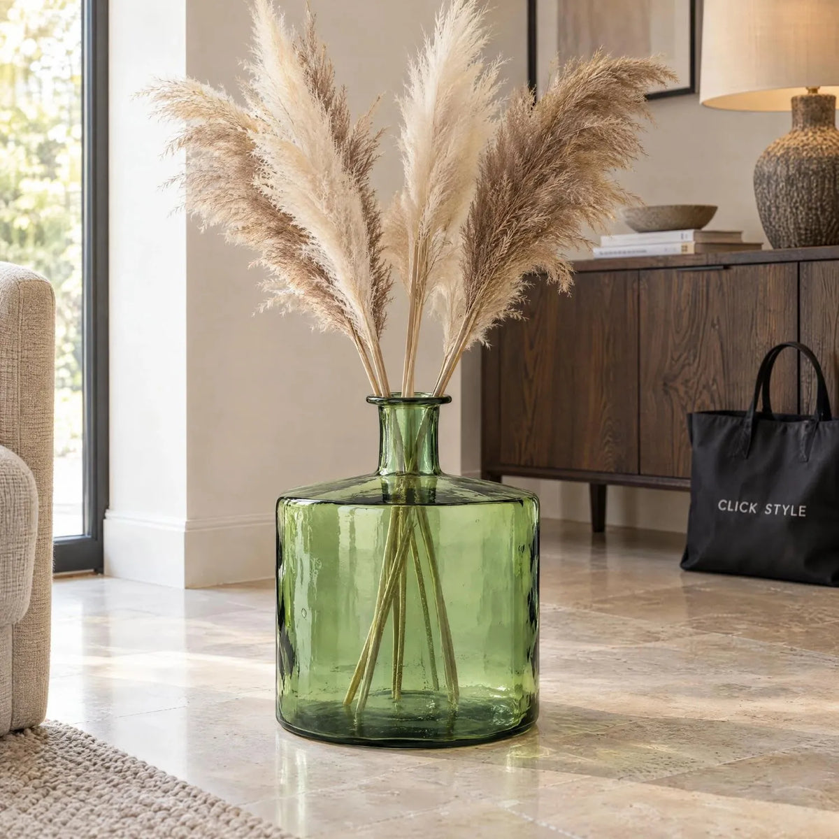 Large Forest Green Recycled Glass Bottle Vase with Narrow Neck – Wide Decorative Floor Vase 45x35x35cm – Styled with Neutral Pampas Grass in a Contemporary Living Room | Click Style