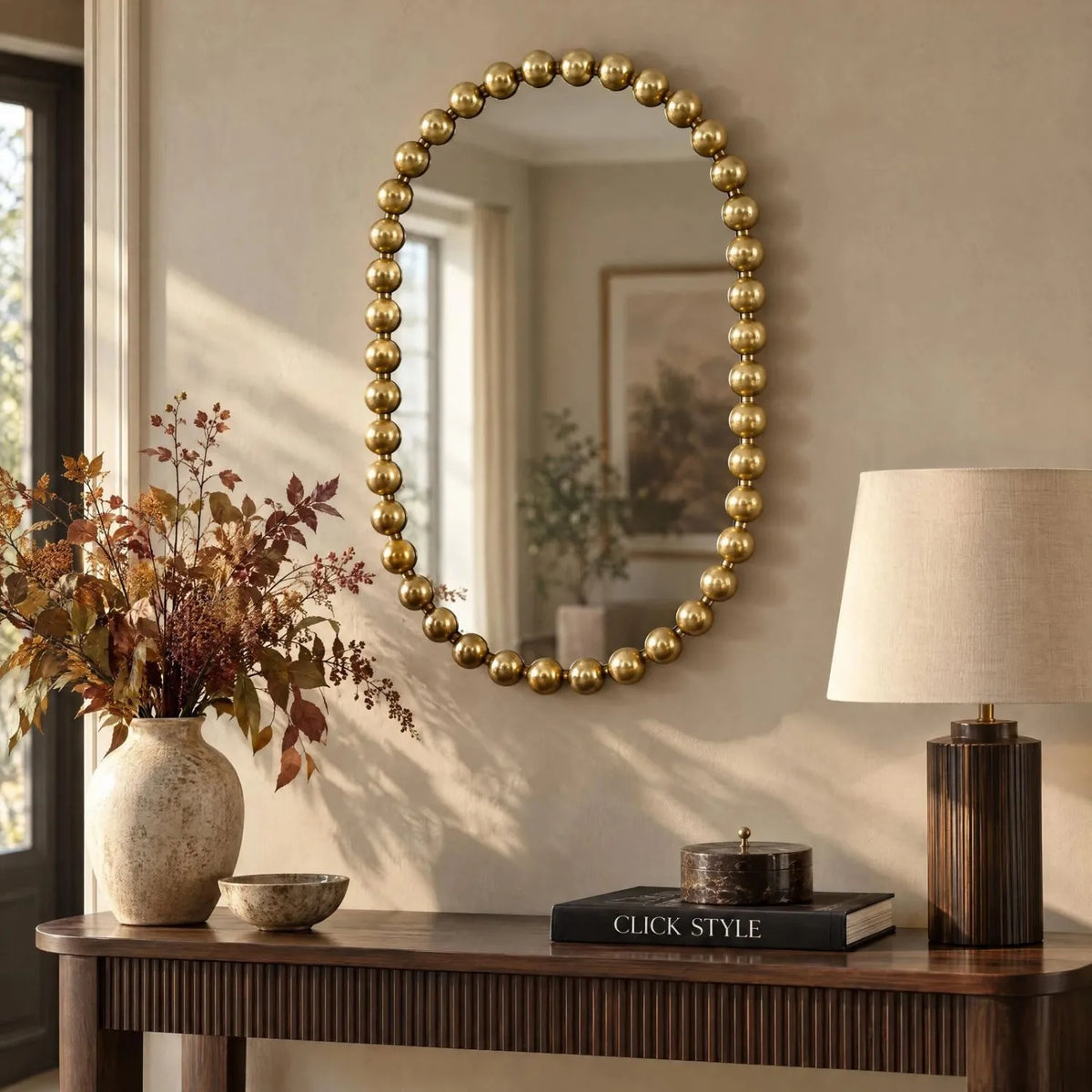 Large Gold Bobbin Wall Mirror with Raised Bobbin Frame – Oval Racetrack Pill Shaped Decorative Mirror 90x61x5cm – Styled Above Dark Walnut Console Table with Autumnal Foliage | Click Style