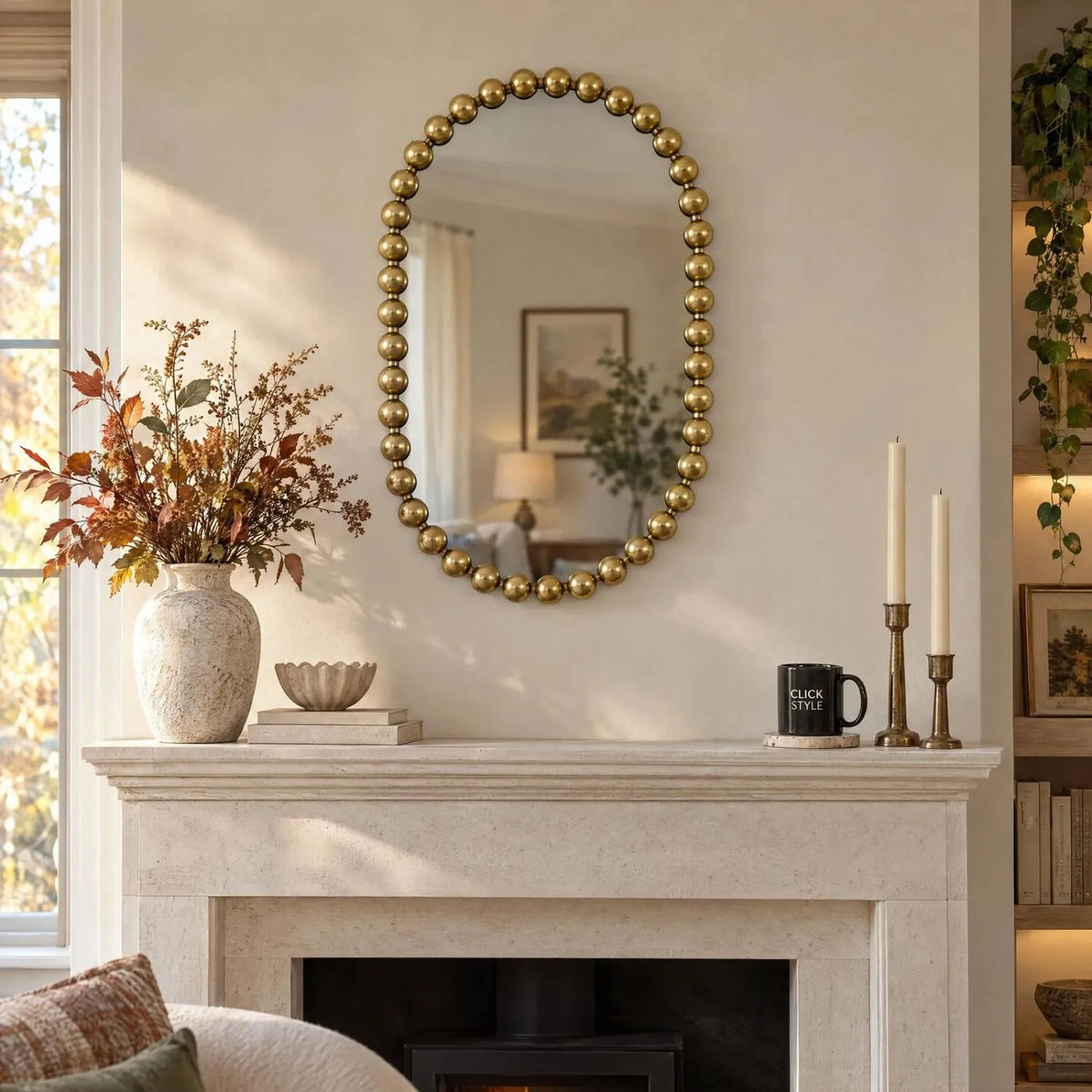 Large Gold Bobbin Wall Mirror with Raised Bobbin Frame – Oval Racetrack Pill Shaped Decorative Mirror 90x61x5cm – Styled Above Limestone Fireplace and Mantelpiece | Click Style