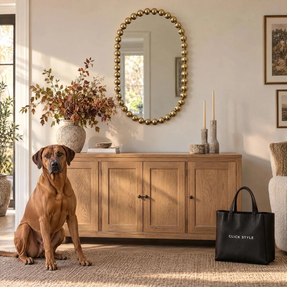 Large Gold Bobbin Wall Mirror with Raised Bobbin Frame – Oval Racetrack Pill Shaped Decorative Mirror 90x61x5cm – Styled Above Oak Sideboard with Rhodesian Ridgeback | Click Style