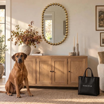 Large Gold Bobbin Wall Mirror with Raised Bobbin Frame – Oval Racetrack Pill Shaped Decorative Mirror 90x61x5cm – Styled Above Oak Sideboard with Rhodesian Ridgeback | Click Style