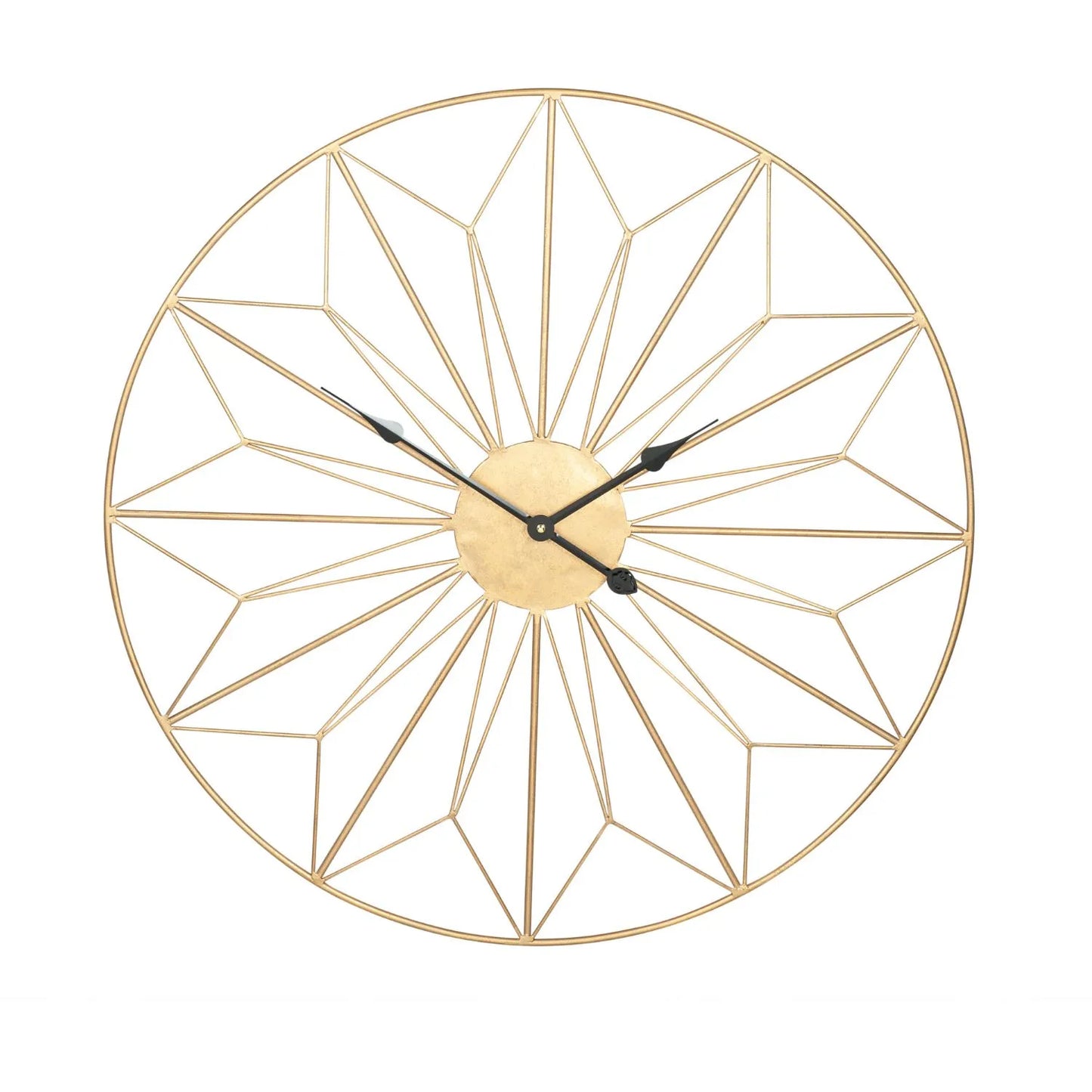 Large Gold Metal Round Sunburst Skeleton Wall Clock with Black Hands & Geometric Design 77x77x3cm - Click Style