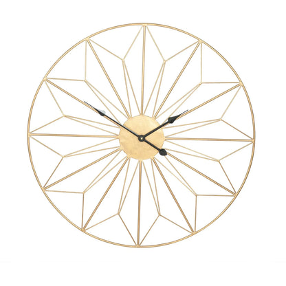 Large Gold Metal Round Sunburst Skeleton Wall Clock with Black Hands & Geometric Design 77x77x3cm - Click Style