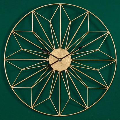 Large Gold Metal Round Sunburst Skeleton Wall Clock with Black Hands & Geometric Design 77x77x3cm