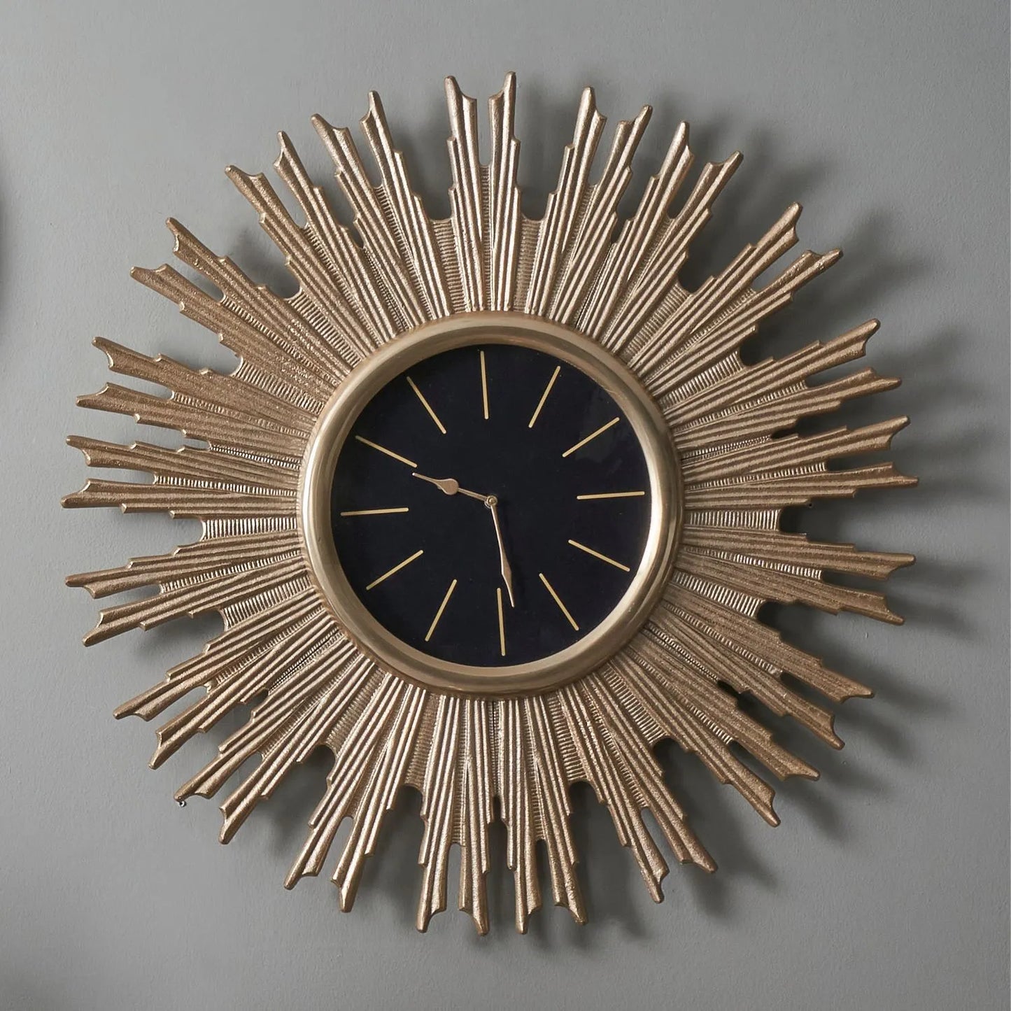 Large Gold Metal Sunburst Wall Clock with Black Face Gold Hands & Baton Markers 79.5x3cm - Click Style